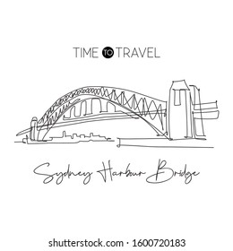 Single continuous line drawing Sydney Harbour Bridge landmark. Beautiful construction in Australia. World travel home decor wall art poster concept. Modern one line draw design vector illustration