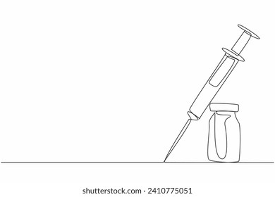 Einmalige, durchgehende Zeichnung der Spritze mit dem Impfstoffglas. Impfformel zur Heilung einer Pandemie. Konzeptionelle medizinische Versorgung Nationaler Apothekertag. Vektorgrafik