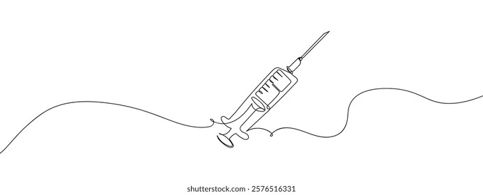 Single continuous line drawing. Syringe, medical equipment. line art vector illustration with transparent background.