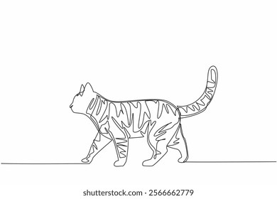 Single continuous line drawing tabby cat is walking. Smells favorite food. Searches and goes to food source. Play. Eat. Sleep. Repeat. Domestic. National Tabby Day. One line design vector illustration