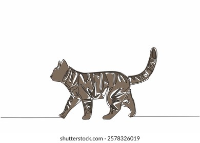 Single continuous line drawing tabby cat is walking. Smells favorite food. Searches and goes to food source. Play. Eat. Sleep. Repeat. Domestic. National Tabby Day. One line design vector illustration