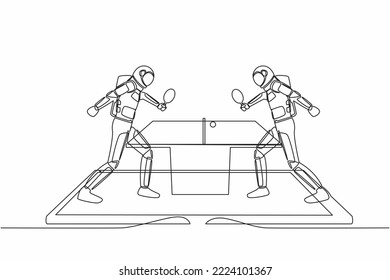 Single continuous line of drawing table tennis court with two astronaut players on smartphone screen. Professional sports competition. Cosmonaut deep space. One line graphic design vector illustration