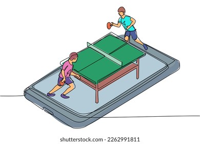 Single continuous line drawing table tennis court with two players on smartphone screen. Professional sports competition: table tennis players during match, mobile app. One line draw design vector