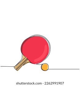 Single continuous line drawing table tennis racket and ball. Ping-pong sport game. Sports equipment. Ping pong racket and ball icon close up isolated on white background. One line draw design vector