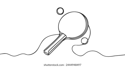 Raqueta de tenis de mesa de dibujo de línea continua simple y pelota. Juego de ping-pong. Material deportivo. Raqueta de ping pong e icono de pelota cerca aislado sobre fondo blanco. Vector de diseño de dibujo de una línea