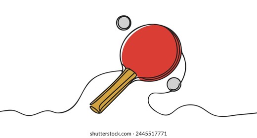 Raqueta de tenis de mesa de dibujo de línea continua simple y pelota. Juego de ping-pong. Material deportivo. Raqueta de ping pong e icono de pelota cerca aislado sobre fondo blanco. Vector de diseño de dibujo de una línea