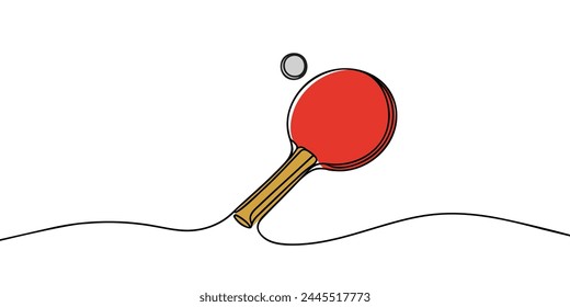 Raqueta de tenis de mesa de dibujo de línea continua simple y pelota. Juego de ping-pong. Material deportivo. Raqueta de ping pong e icono de pelota cerca aislado sobre fondo blanco. Vector de diseño de dibujo de una línea