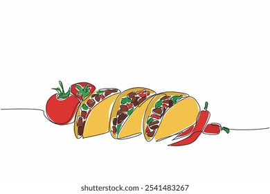 Single continuous line drawing taco dish with tomato and chili garnish. A snack full of flavor. Contains protein. Healthy snacks. Tasty. National Crunchy Taco Day. One line design vector illustration