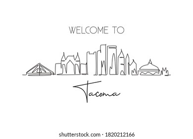 Single continuous line drawing of Tacoma city skyline, Washington. Famous city scraper landscape. World travel home wall decor art poster print concept. Modern one line draw design vector illustration svg