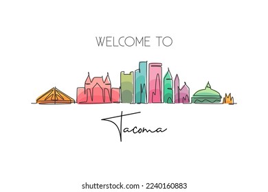 Single continuous line drawing of Tacoma city skyline, Washington. Famous city scraper landscape. World travel home wall decor art poster print concept. Modern one line draw design vector illustration svg
