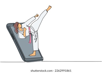 Single continuous line drawing taekwondo woman in fight uniform doing kick pose getting out of smartphone screen. Mobile sports matches. Online taekwondo game mobile app. One line draw design vector