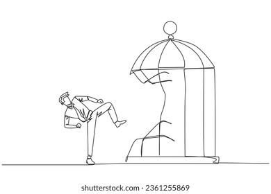 Single continuous line drawing taekwondo businessman destroy cage with the kick. Metaphors remove the comfort zone trap. A genius entrepreneur for the company. One line design vector illustration