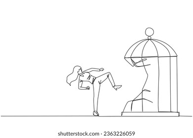 Single continuous line drawing taekwondo businesswoman destroy cage with the kick. Metaphors remove the comfort zone trap. A genius entrepreneur for the company. One line design vector illustration