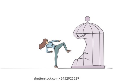 Single continuous line drawing taekwondo businesswoman destroy cage with the kick. Metaphors remove the comfort zone trap. A genius entrepreneur for the company. One line design vector illustration