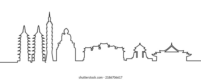 Single continuous line drawing of Taipei city skyline. All buildings - customizable different objects with background fill, so you can change composition for your project. Modern one line draw design 