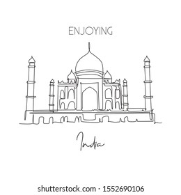 Single continuous line drawing Taj Mahal palace landmark. Beauty famous place in Agra, India. World travel home wall decor art poster print concept. Modern one line draw design vector illustration