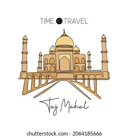 Línea continua que dibuja el hito del Taj Mahal. Histórico lugar icónico de belleza en Agra, India. Decoración de casa en el mundo de la pared de arte concepto de impresión de afiches. Ilustración vectorial de diseño de dibujo de una línea moderna