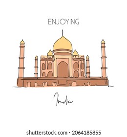 Single continuous line drawing Taj Mahal palace landmark. Beauty famous place in Agra, India. World travel home wall decor art poster print concept. Modern one line draw design vector illustration