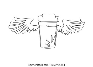 Single continuous line drawing take-out flying coffee cup with wings. disposable cardboard cup of coffee. Paper container icon. Fast food, lunch delivery program. One line draw graphic design vector