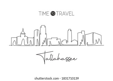 Single continuous line drawing of Tallahassee skyline, Florida. Famous city scraper landscape. World travel home wall decor art poster print concept. Modern one line draw design vector illustration