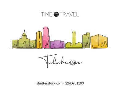 Single continuous line drawing of Tallahassee skyline, Florida. Famous city scraper landscape. World travel home wall decor art poster print concept. Modern one line draw design vector illustration