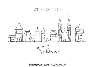 Single continuous line drawing of Tallinn city skyline, Estonia. Famous city scraper and landscape wall decor art. World travel concept. Editable stroke modern one line draw design vector illustration