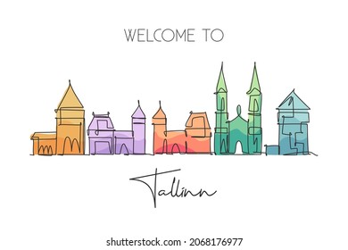 Einmalige, durchgehende Zeichnung der Skyline der Stadt Tallinn, Estland. Berühmte Kunst der Stadtmauer und der Landschaftsmauer. Weltreisekonzept. Bearbeitbarer Hub Moderner 1-zeiliger Zeichnungsstil Vektorgrafik