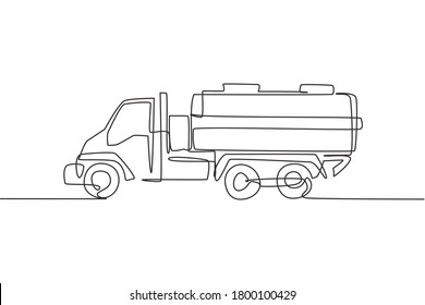 Single continuous line drawing of tanker truck for delivering gasoline to gas station. Heavy diesel container machines equipment concept. Trendy one line draw design vector illustration graphic