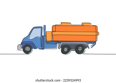 Dibujo de una sola línea continua de camión cisterna para transportar gasolina a una gasolinera. Concepto de equipos de contenedores diesel pesados. Diseño de diseño de línea traza de línea traza gráfico vectorial