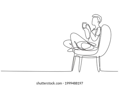 Single continuous line drawing tea time. Relaxed handsome boy sitting in modern chair, enjoying hot coffee in front of window, side view, free space. One line draw graphic design vector illustration