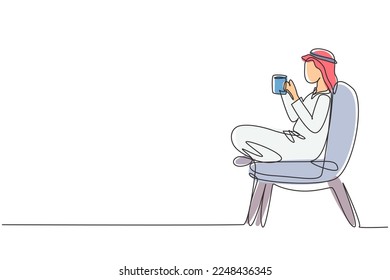 Single continuous line drawing tea time. Relaxed Arabian boy sitting in modern chair, enjoying hot coffee in front of window, side view, free space. One line draw graphic design vector illustration