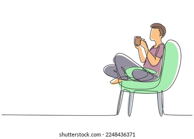 Single continuous line drawing tea time. Relaxed handsome boy sitting in modern chair, enjoying hot coffee in front of window, side view, free space. One line draw graphic design vector illustration