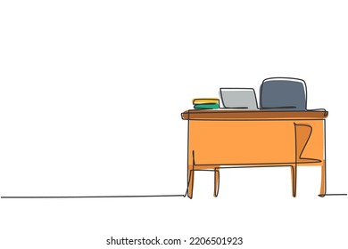 Dibujo de una línea continua de la silla y el escritorio de los profesores en la oficina escolar. De vuelta al estilo minimalista de la escuela. Concepto de educación. Ilustración moderna de diseño gráfico de una línea de dibujo ilustración vectorial