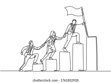 Single continuous line drawing of team members holding hands together following their leader who hold flag climbing up stairs step by step. Teamwork concept one line draw design vector illustration - Shutterstock ID 1761832928
