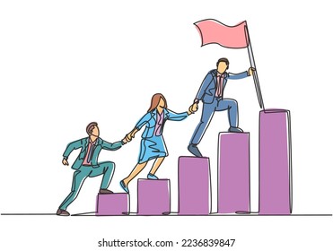 Single continuous line drawing of team members holding hands together following their leader who hold flag climbing up stairs step by step. Teamwork concept one line draw design vector illustration