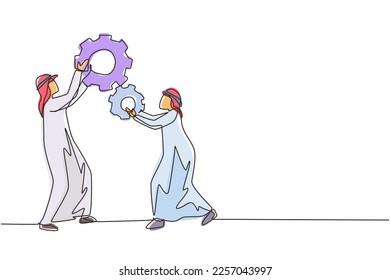 Single continuous line drawing team of business tech people hold up technology gear collaboration solution. Arab businessmen lifting cogs wheel work together. One line draw design vector illustration