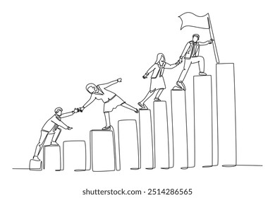 Single continuous line drawing team members holding hands together following their leader who hold flag climbing up stairs step by step. Teamwork concept. One line graphic design vector illustration