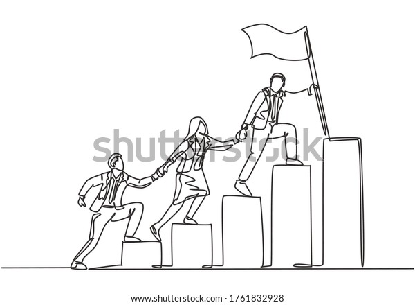 Single continuous line drawing of team\
members holding hands together following their leader who hold flag\
climbing up stairs step by step. Teamwork concept one line draw\
design vector\
illustration