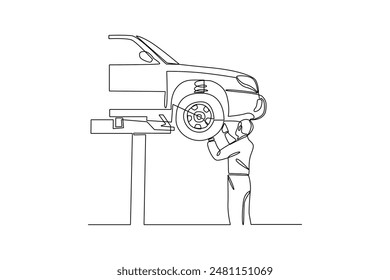 Single continuous line drawing of a technician is inspecting the underside of the car. Minimalism concept one line draw graphic design vector illustration