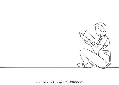 Single continuous line drawing teenage man in casual clothing sitting at floor and reading book. Enthusiastic reader for educational and hobby concept. One line draw graphic design vector illustration