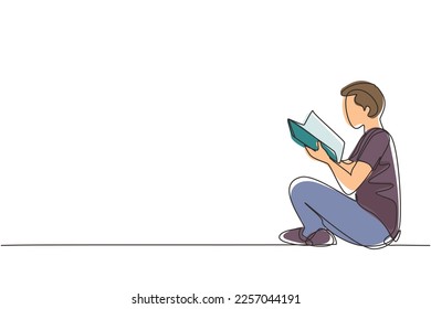 Single continuous line drawing teenage man in casual clothing sitting at floor and reading book. Enthusiastic reader for educational and hobby concept. One line draw graphic design vector illustration