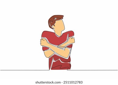 Single continuous line drawing teenage boy hugging himself with both hands. Release stress and frustration. Calm down. Awareness. World Teen Mental Wellness Day. One line design vector illustration