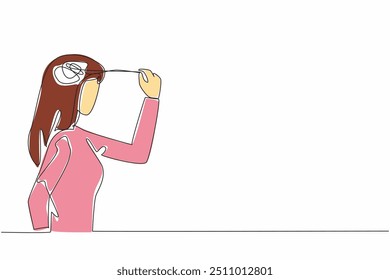 Single continuous line drawing teenage girl holding a thread unraveling from a tangled mess. Reduce the burden on the mind. Healthy. World Teen Mental Wellness Day. One line design vector illustration