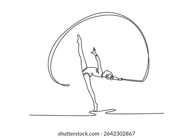 Single continuous line drawing teenager doing gymnastics dance with ribbon. Gymnast dancer sport ballerina athlete perform acrobatic exercise. Dynamic one line draw graphic design vector illustration