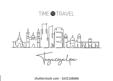 Single continuous line drawing Tegucigalpa skyline, Honduras. Famous city scraper landscape postcard. World travel destination concept. Editable stroke modern one line draw design vector illustration