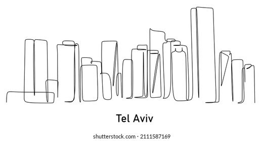 Single continuous line drawing of Tel Aviv Israel. Famous city scraper landscape. World travel home wall decor art poster print concept. Modern one line draw design vector illustration 