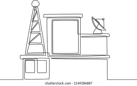 Single continuous line drawing telecommunication tower and satellite dish on the building. One line draw graphic design vector illustration.