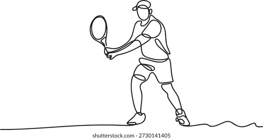 Single continuous line drawing of tennis player in action, racket raised to hit ball. Dynamic pose capturing movement and athleticism. Sport illustration, fitness concept. Vector art on transparent background.