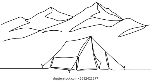 Linha única contínua desenho barraca acampando em viagens ao ar livre. Turismo de natureza, viagem, aventura. Conceito de elemento de tenda. Camping equipamentos de tenda de viagem. Traçado editável