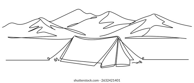 Linha única contínua desenho barraca acampando em viagens ao ar livre. Turismo de natureza, viagem, aventura. Conceito de elemento de tenda. Camping equipamentos de tenda de viagem. Traçado editável